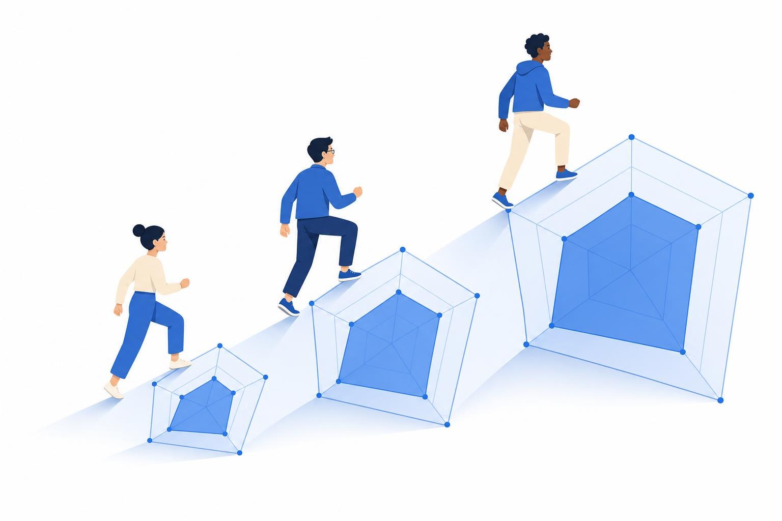 Illustration of three people climbing an ascending path made of growing radar charts
